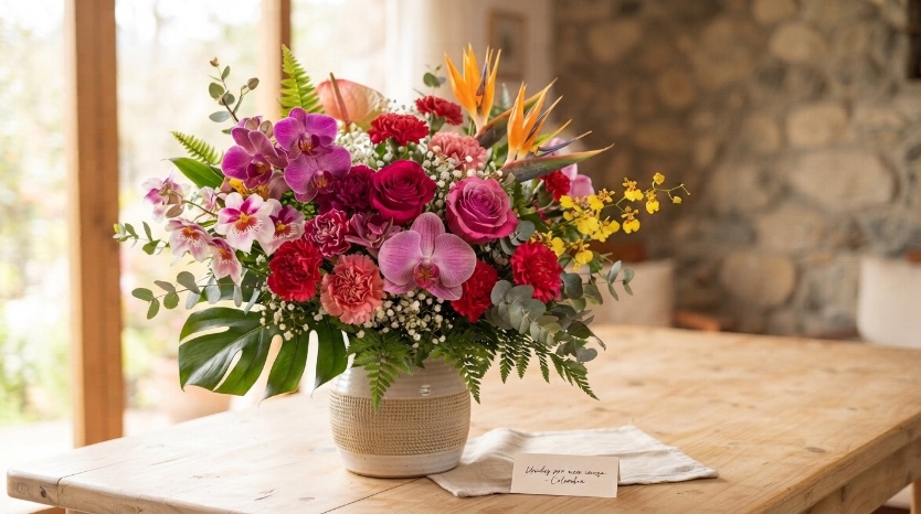 Arreglo floral con orquídeas, rosas, claveles y aves del paraíso sobre una mesa de madera, junto a una tarjeta escrita a mano.